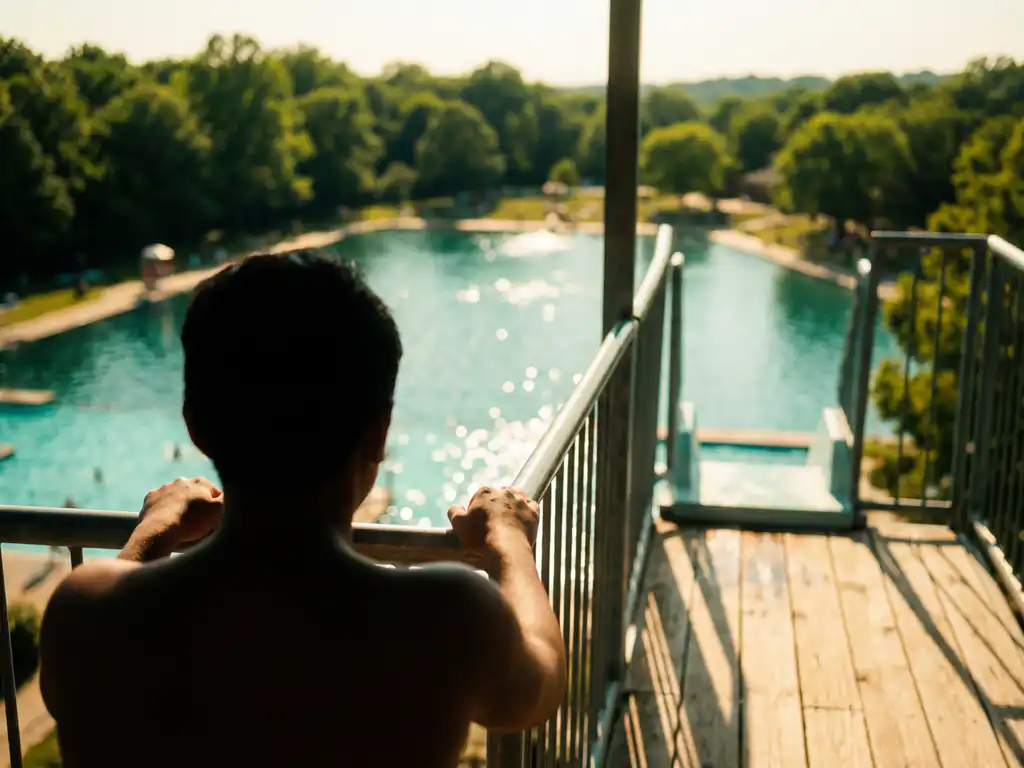 Persoon aarzelt bovenaan glijbaan, kijkt naar turquoise recreatieplas omringd door Nederlands bos in zomers zonlicht