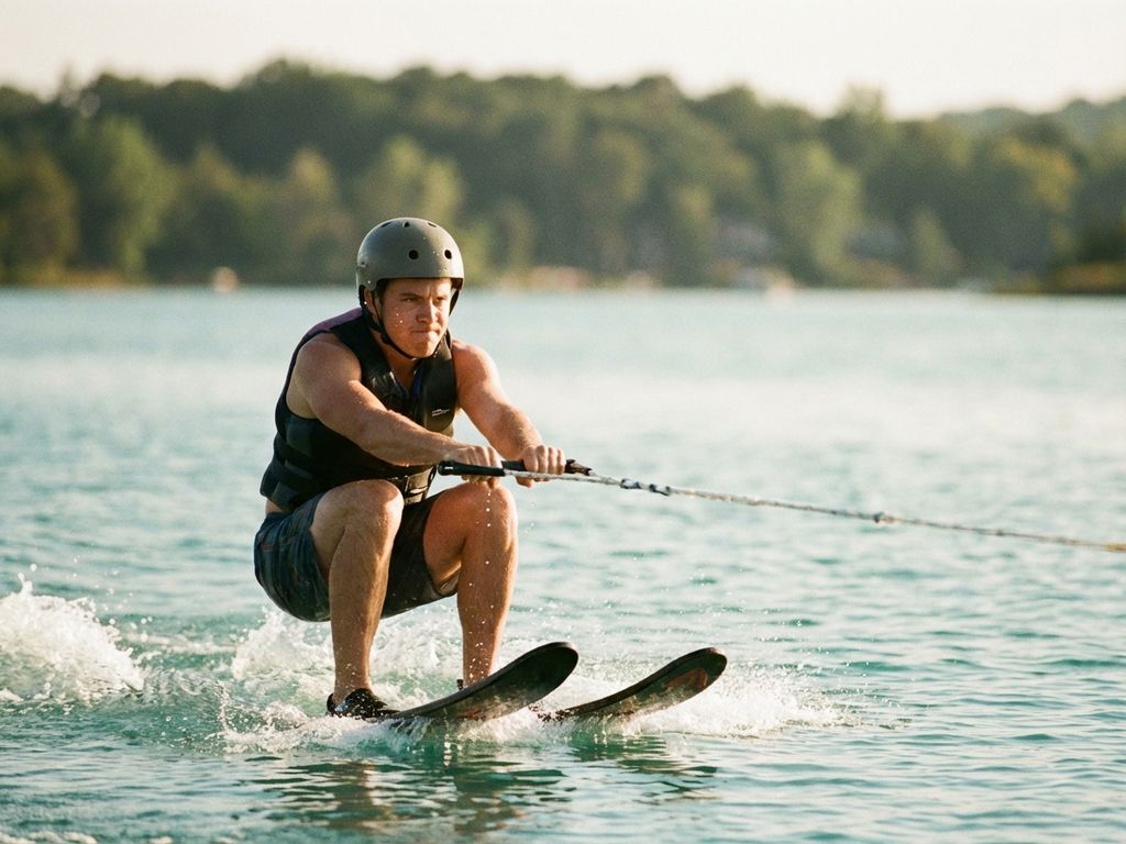 Beginnende waterskiër houdt sleeptouw vast in gehurkte positie op kalm turquoise meer bij gouden middaglicht