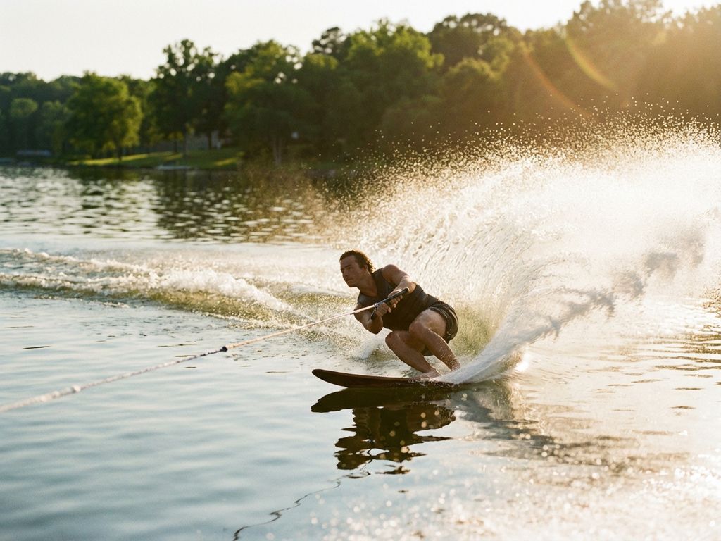 Blotevoetse waterskiër glijdt over spiegelglad meer met dramatische spatpatronen in gouden zomerlicht