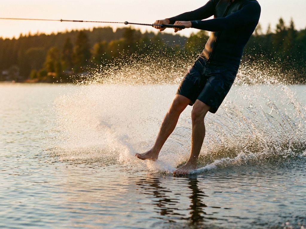 Blotevoetse waterskiër glijdt over kristalhelder meer bij zonsondergang, waterdruppels glinsteren in gouden licht