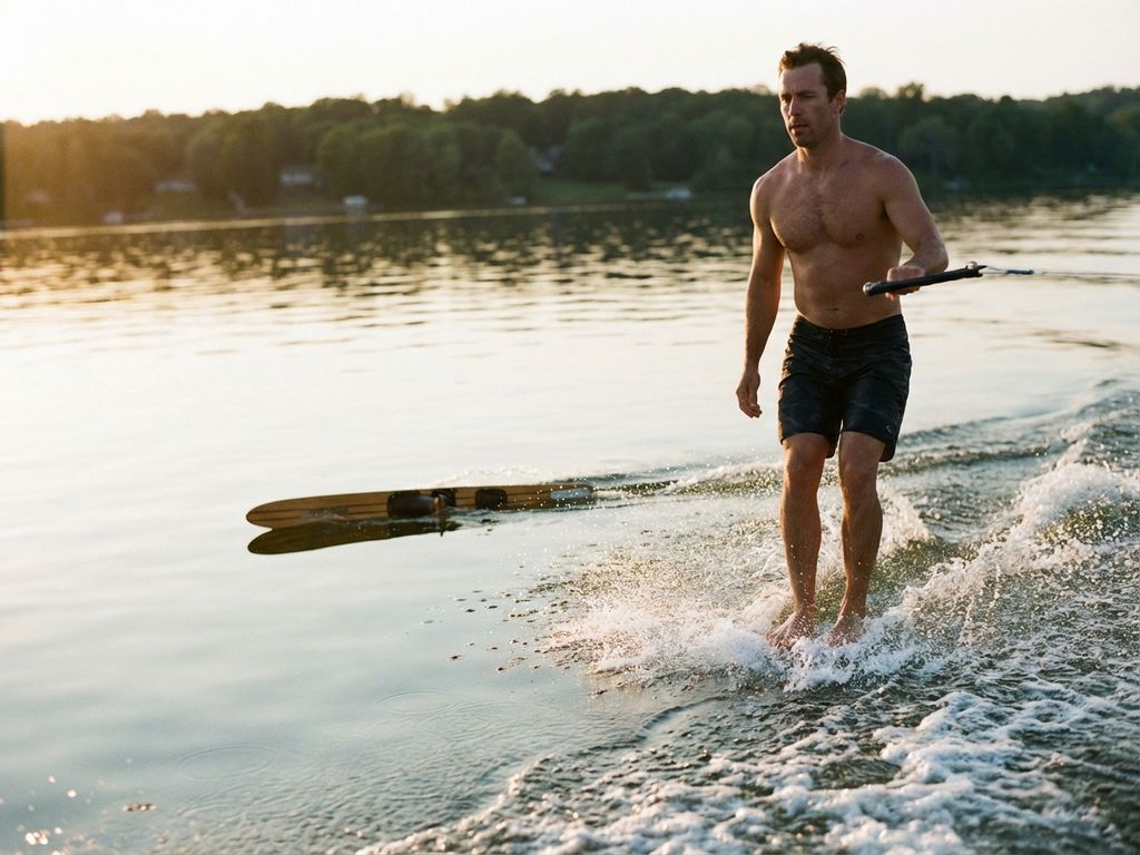 Blootsvoetse waterskiër glijdt over spiegelglad meer bij gouden avondlicht, verlaten ski drijft in het kielzog