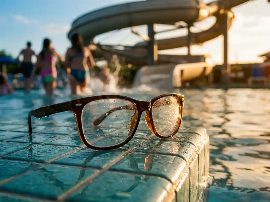 Bril met waterdruppels op de rand van een turquoise zwembad in een waterpark, zonlicht reflecteert op de natte glazen.