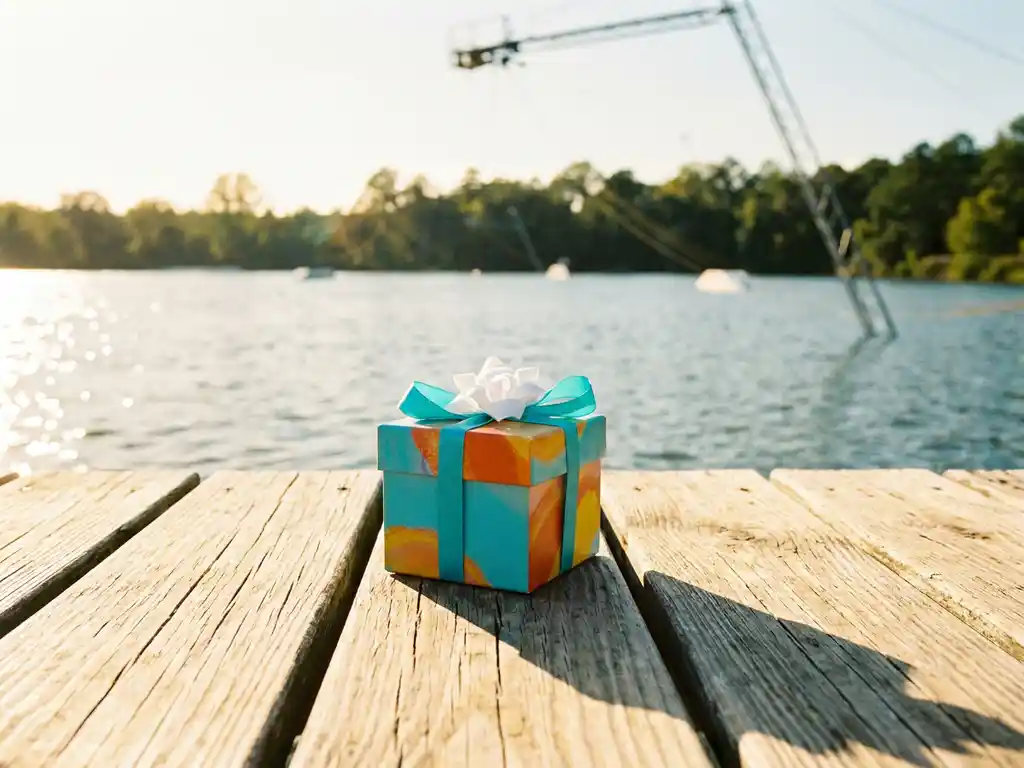 Kleurrijke cadeaukaartdoos met turquoise lint op houten steiger, sprankelend meertje en wakeboard-kabelbaan op de achtergrond in gouden namiddaglicht.