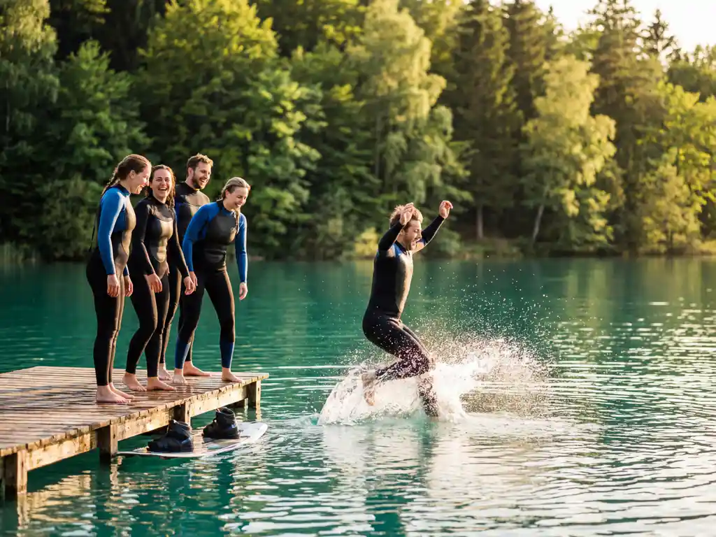 Collega's in wetsuits lachen op een houten steiger terwijl iemand het turquoise meer inspringt, wakeboard drijft nabij, Nederlands bos op de achtergrond.