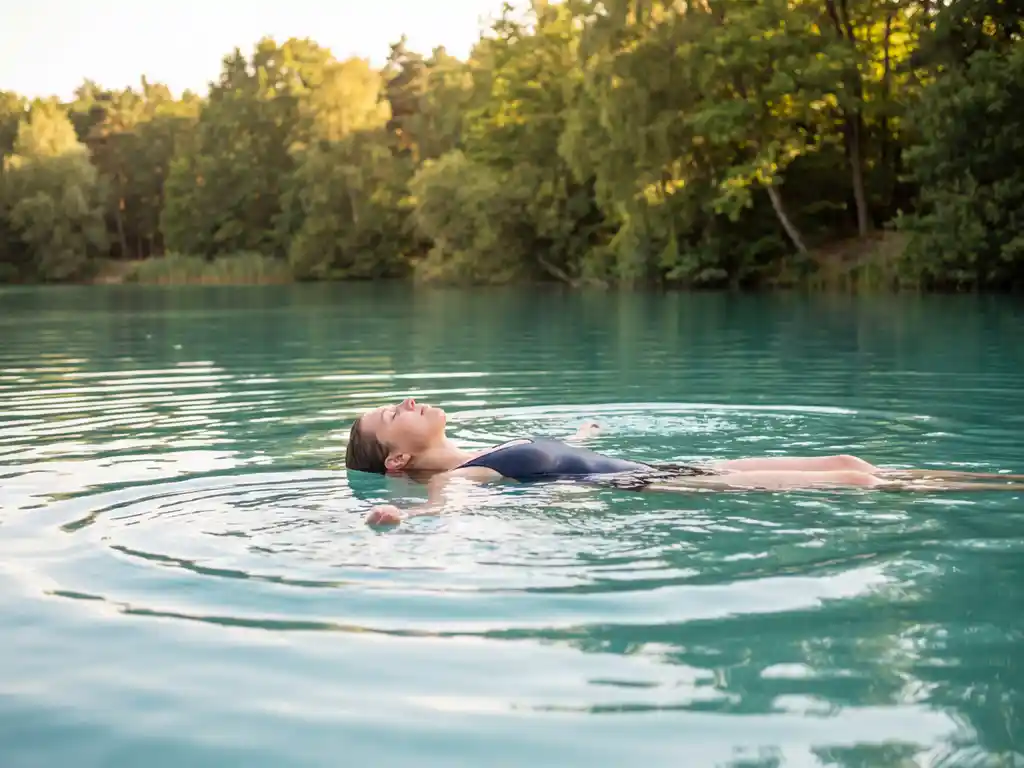 Persoon drijft ontspannen op de rug in helder turquoise meerwater, omringd door weelderig groen bos in warm middaglicht.