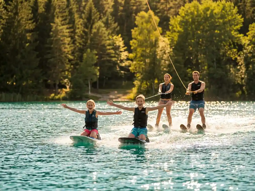 Familie met twee kinderen geniet van kabelbaan waterskiën op een zonnig Nederlands meer omringd door groen bos