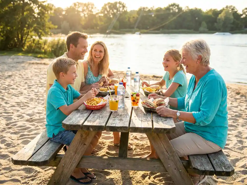 Familie geniet van drankjes en snacks aan houten picknicktafel op zandstrand bij meer met waterskikabels op zonnige middag