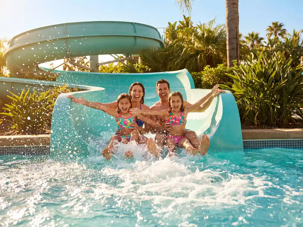 Gezin glijdt lachend van felblauwe waterglijbaan in sprankelend zwembad, zomerse sfeer met waterdruppels in zonlicht