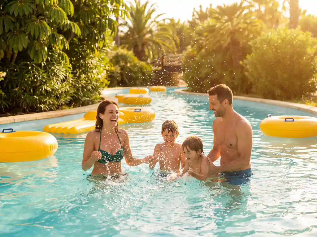 Gezin spettert door helderturquoise water in waterpark met gele opblaasbanden en groene bomen op zonnige zomerdag