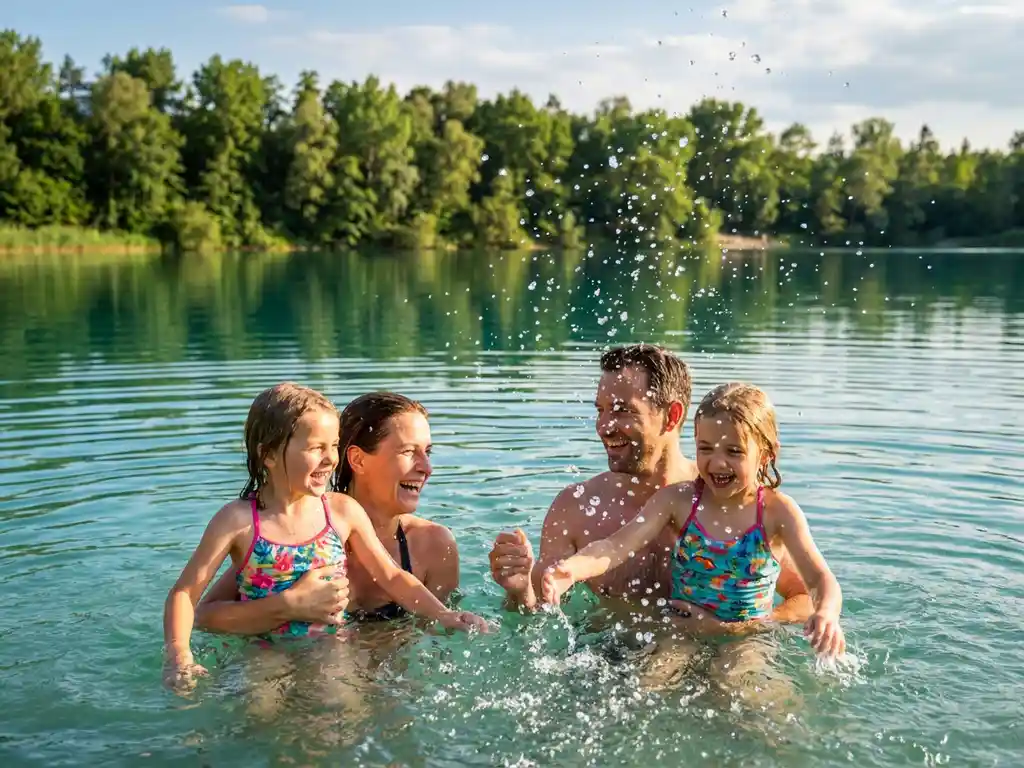Gezin in kleurrijke zwemkleding spettert vrolijk in helderturquoise water, waterdruppels glinsteren in zomerzon, groene bomen weerspiegeld op kalm meer.