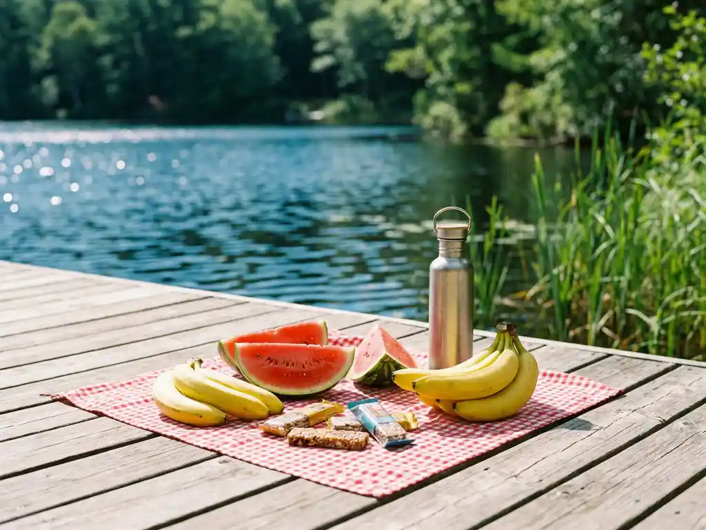 Kleurrijke picknick op houten steiger met watermeloen, bananen en granolarepen op geruite doek, ochtendzon schittert op kalm meer.