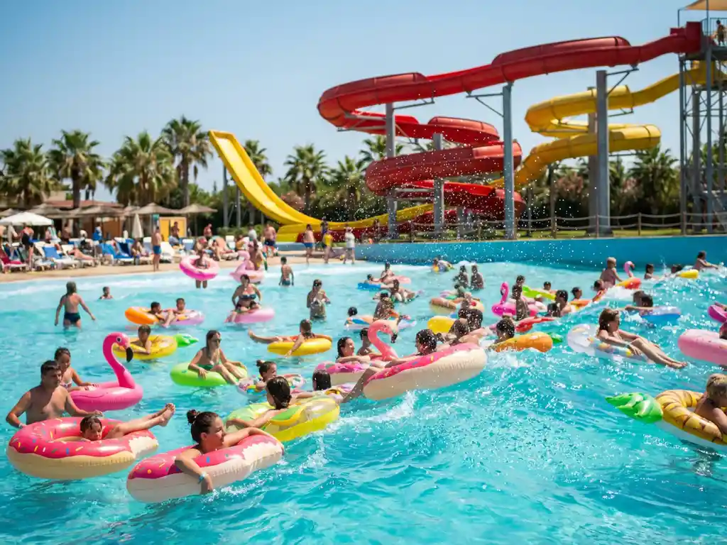 Zwemmers met kleurrijke opblaasbanden in turquoise golfzwembad, rode en gele glijbanen en palmbomen op achtergrond