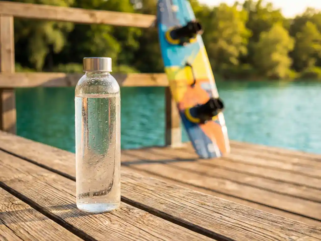Heldere herbruikbare waterfles met condensdruppels op houten steiger bij meer, wakeboard op achtergrond in gouden namiddaglicht