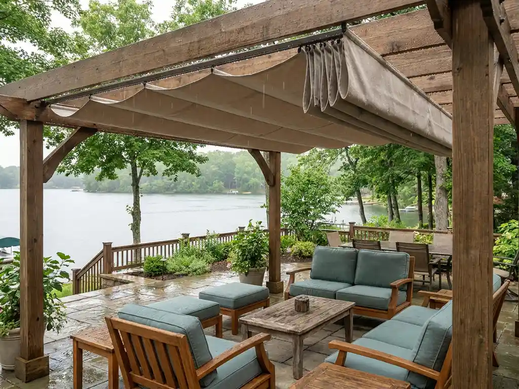 Houten pergola met uitschuifbaar canvas doek op lakeside terras, comfortabele tuinmeubels beschut tegen zachte regen, kalm water en groene bomen op achtergrond.