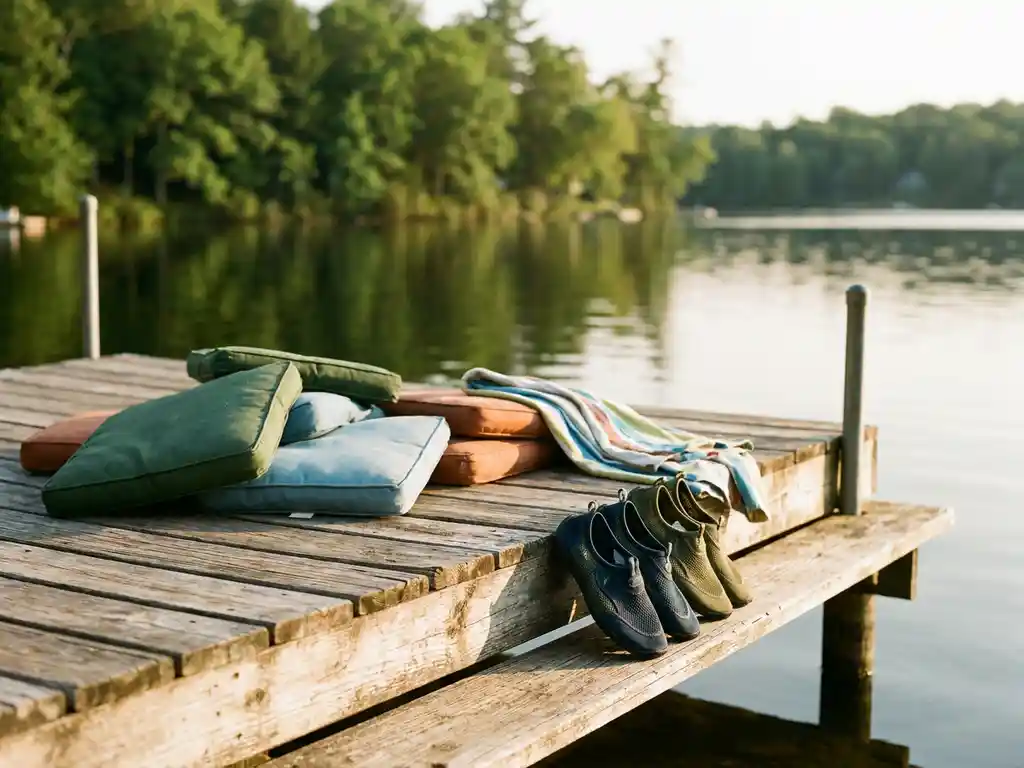 Verweerde houten steiger aan een kalm meer met kleurrijke kussens, waterschoenen en een handdoek in warm namiddaglicht