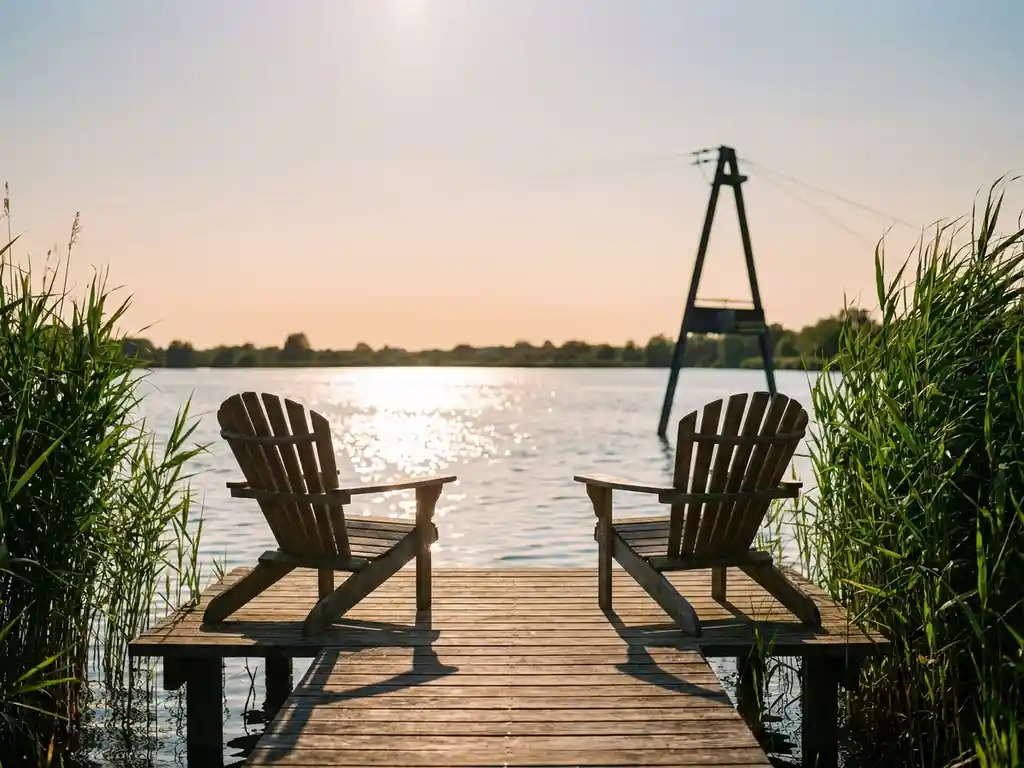Houten steiger met twee lege Adirondack-stoelen aan een rustig meer bij zonsondergang, rietkraag en kabelbaan op de achtergrond.