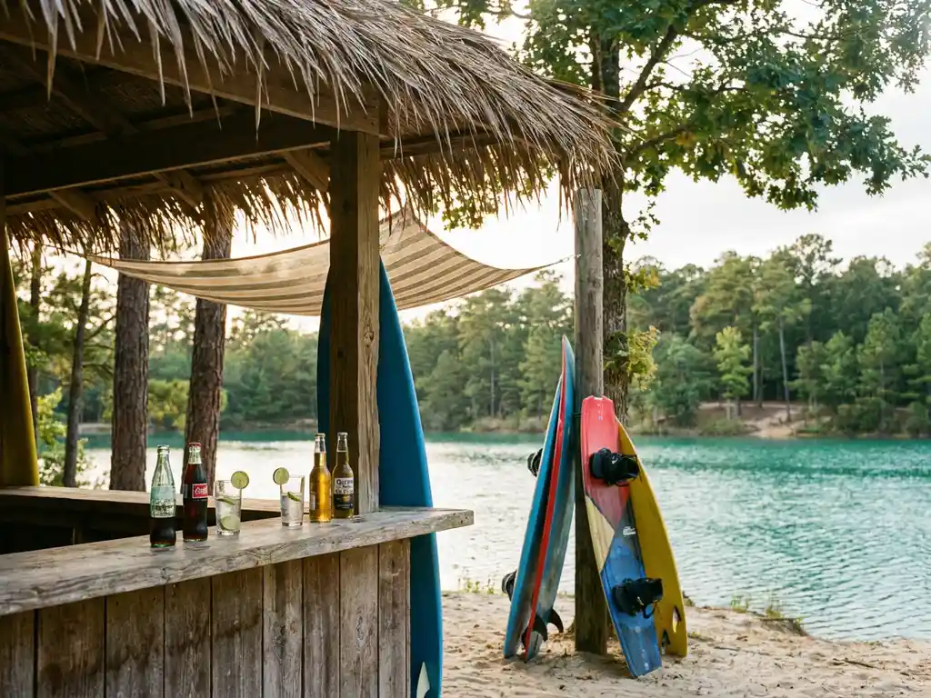 Rustieke houten strandbar met rieten dak aan een helderblauw meer, surfplanken tegen verweerde palen, Nederlands bos op de achtergrond
