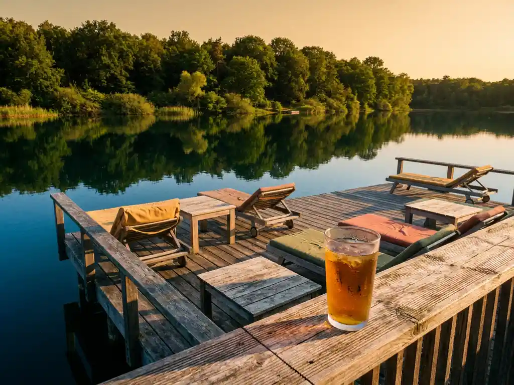 Houten strandbar terras boven kalm meertje met teakhouten meubels, kleurrijke kussens en koude drank, Nederlands bos weerspiegelt in het water bij gouden namiddaglicht.