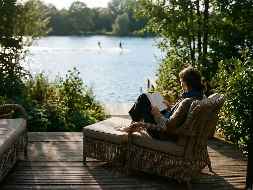 Vrouw leest boek op houten terras met rieten stoelen aan Nederlands meer, waterskiërs in de verte, warme middagzon.