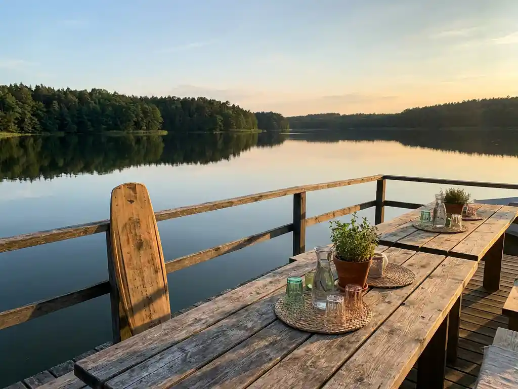 Houten terras met gedekte tafels aan een rustig meer bij zonsondergang, wakeboard tegen reling, groene bomen weerspiegeld in kalm water.
