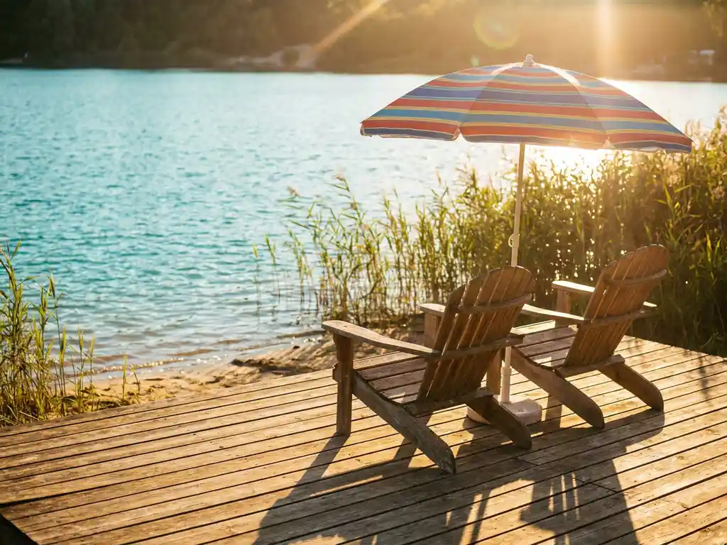 Houten terras met twee Adirondack-stoelen en parasol met uitzicht op een zonnig meer met rietkraag