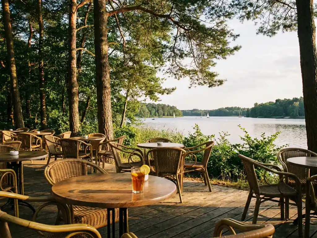 Houten terras met rieten stoelen tussen dennenbomen, uitzicht over rustig meer, verfrissend drankje in gouden namiddaglicht.