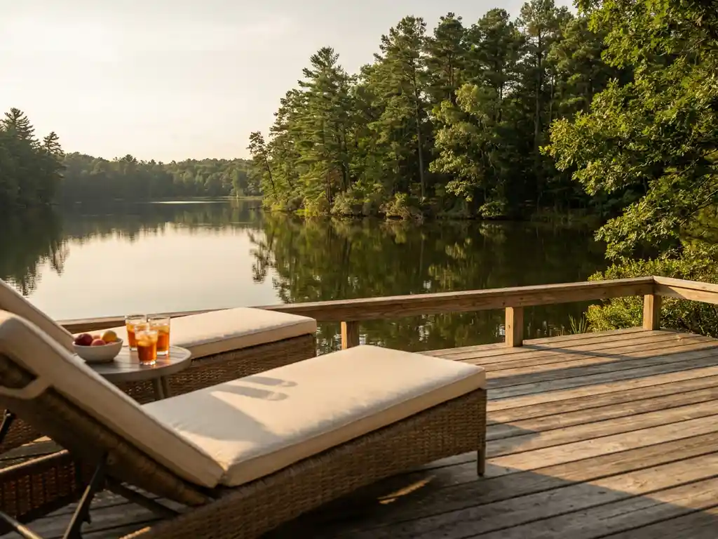 Houten terras met rieten loungestoelen en crèmekleurige kussens uitkijkend over een rustig meer bij zonsondergang