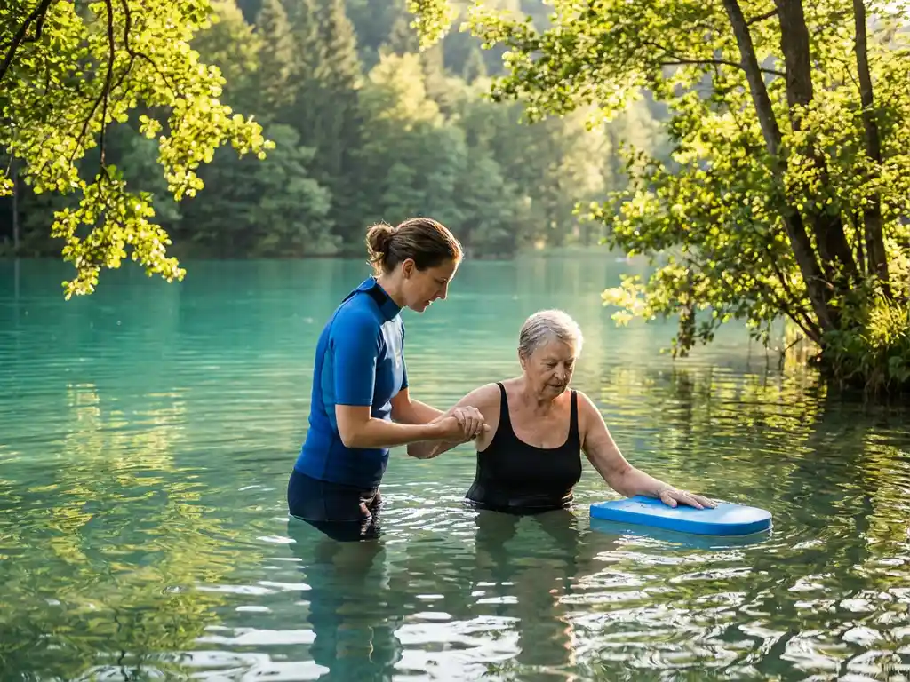 Fysiotherapeut begeleidt patiënt bij wateroefeningen in een helder turquoise meer, omringd door weerspiegelend Nederlands bos in warm middaglicht.