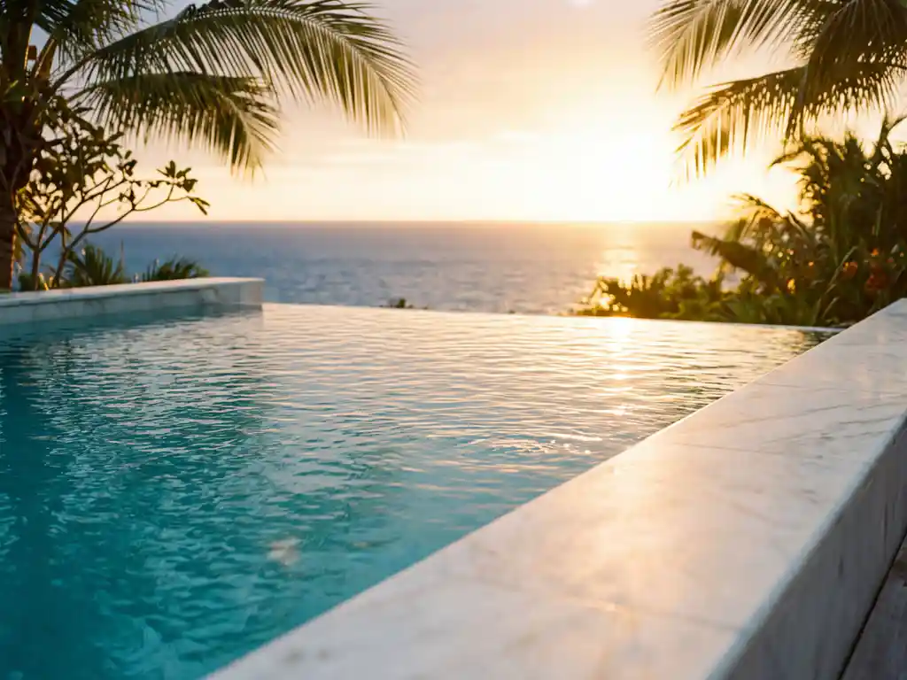 Infinity pool met turquoise water dat overvloeit in de oceaan bij zonsondergang, omlijst door tropische palmbladeren.