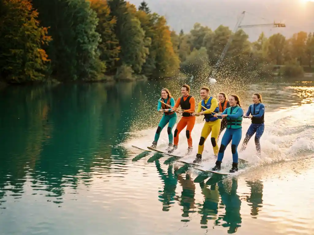 Zes vrienden in kleurrijke wetsuits glijden lachend over een kabelbaan op een turquoise meer, gouden zonlicht op waterdruppels, Nederlands bos weerspiegeld.