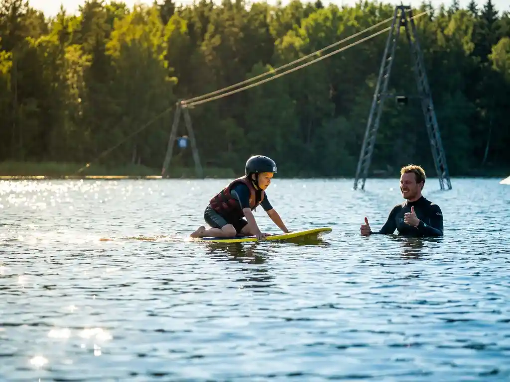Kind op kneeboard glijdt over kalm meer terwijl instructeur duim omhoog geeft, kabelbaan en groen bos op achtergrond