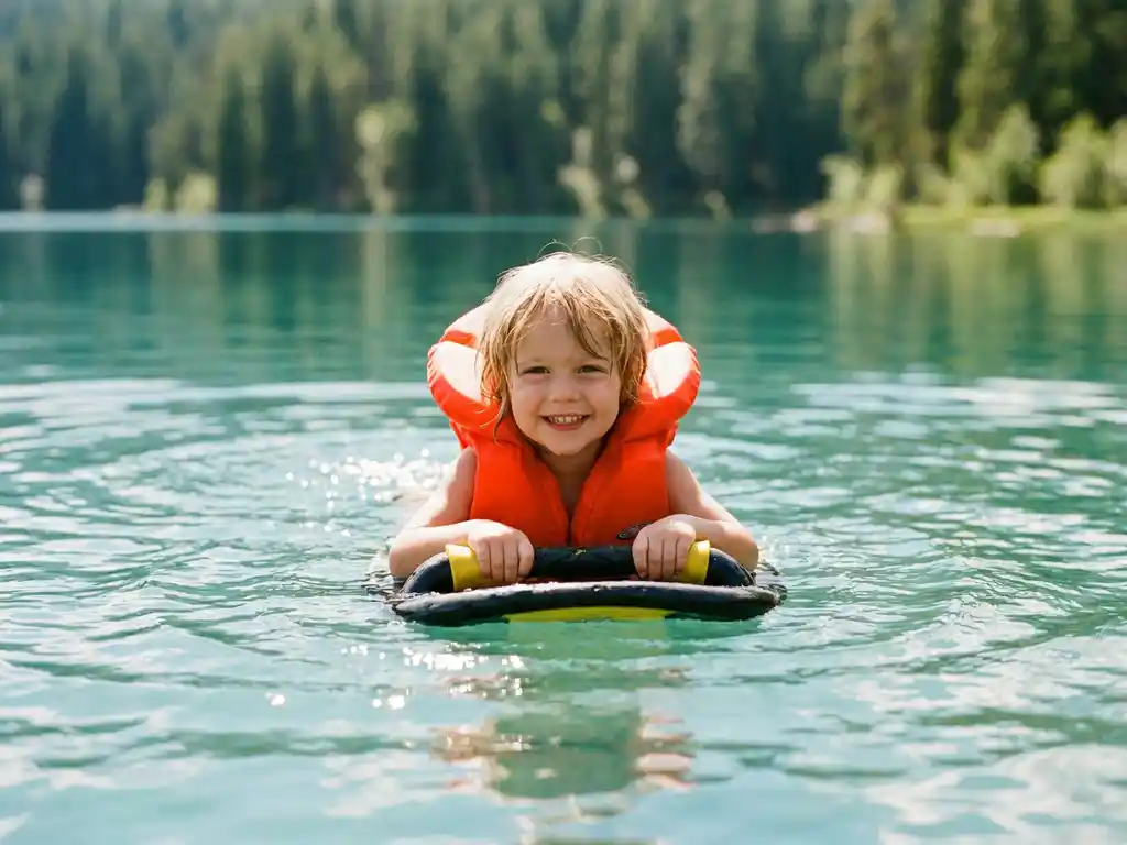 Kind met oranje zwemvest houdt kneeboardhandvat vast in helderturquoise meer, bos weerspiegelt in wateroppervlak, gouden namiddaglicht