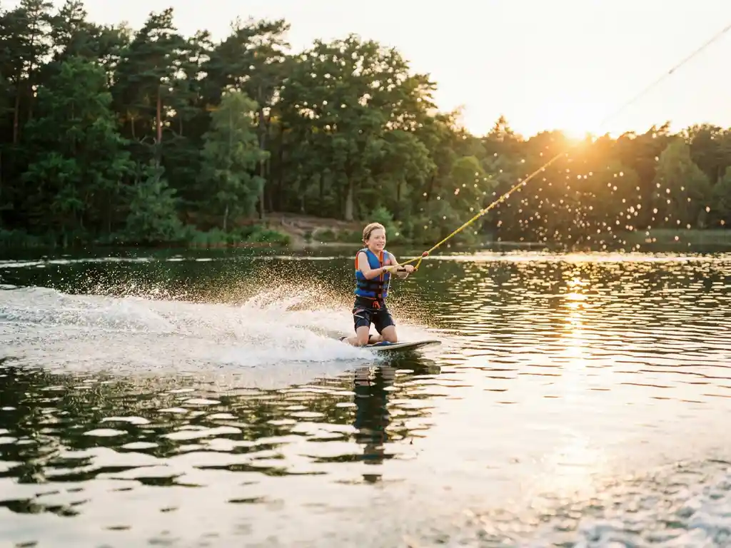 Kind op kneeboard scheurt over zonnig meer met waterdruppels in gouden licht, groene bossen weerspiegeld op het wateroppervlak.