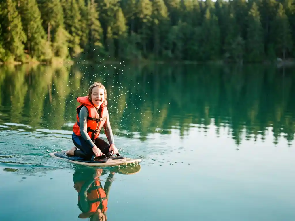 Kind van 8 jaar met oranje zwemvest kneeboardend op kalm meertje, waterdruppels glinsteren in gouden namiddaglicht, bos weerspiegelt op wateroppervlak.