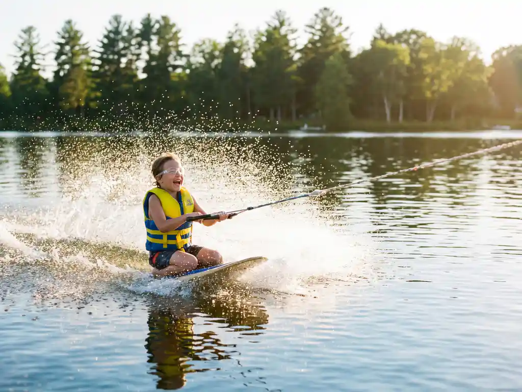 Kind met reddingsvest kneeboardt over een zonnig Nederlands meer, waterdruppels glinsteren in gouden middaglicht, groene bosrand weerspiegelt op het water.
