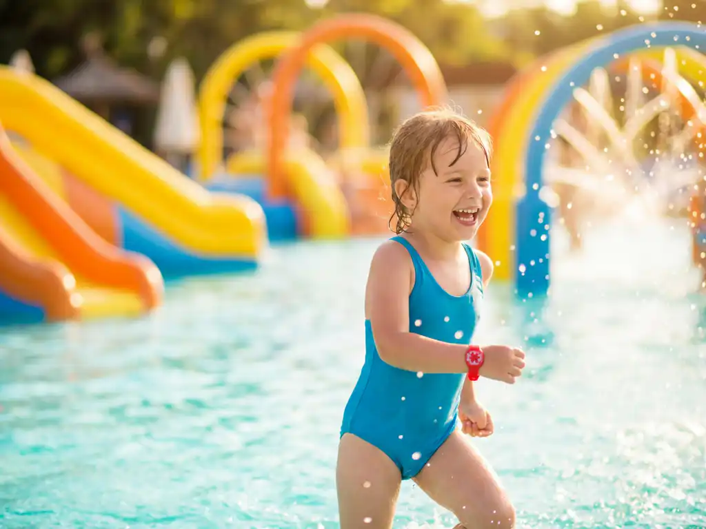 Kind met medische armband spettert door ondiep water in waterpark, gouden zonlicht vangt waterdruppels in de lucht