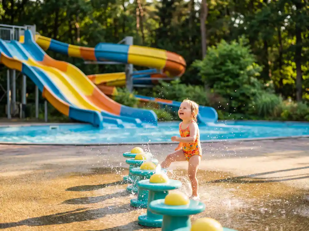 Kind in zwemkleding speelt in interactieve waterfonteinen op speelplaats met glijbaan en zwembad in Nederlands bosrijke omgeving