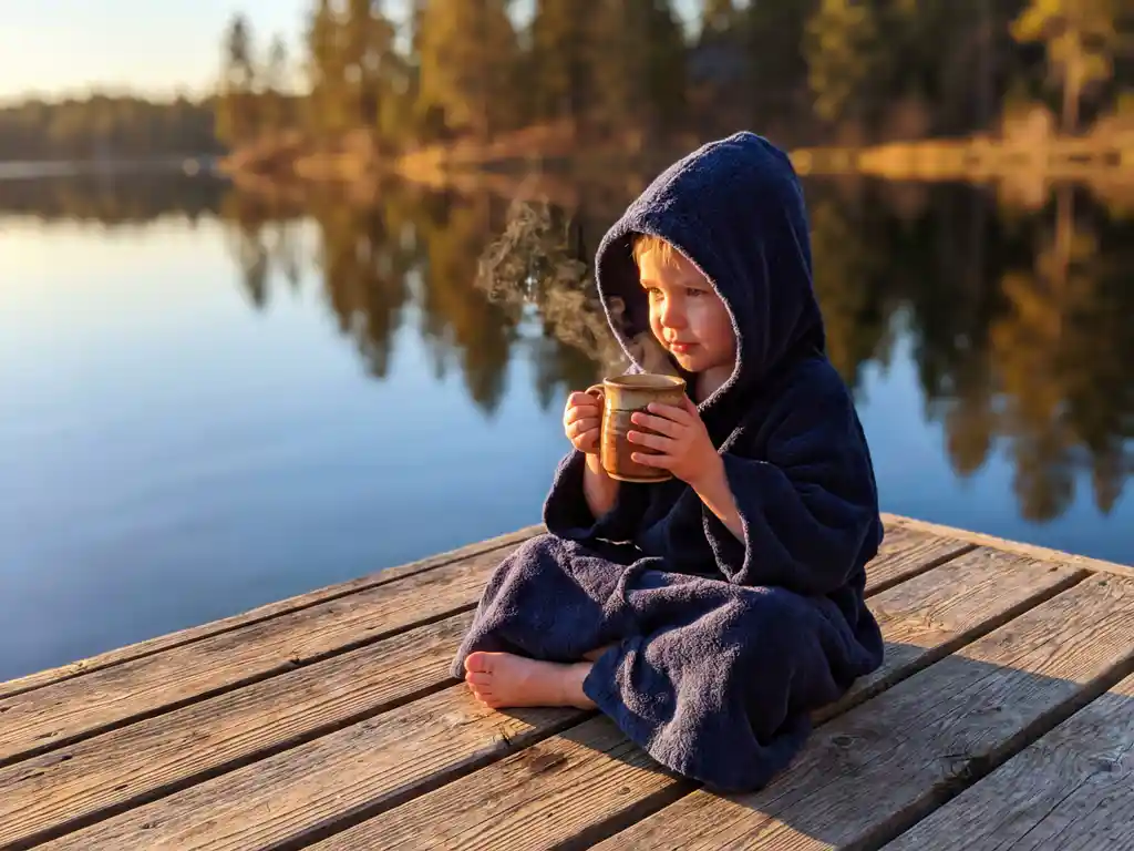 Kind gewikkeld in marineblauwe handdoek op houten steiger bij meer, houdt dampende mok warme chocolademelk vast in gouden namiddaglicht