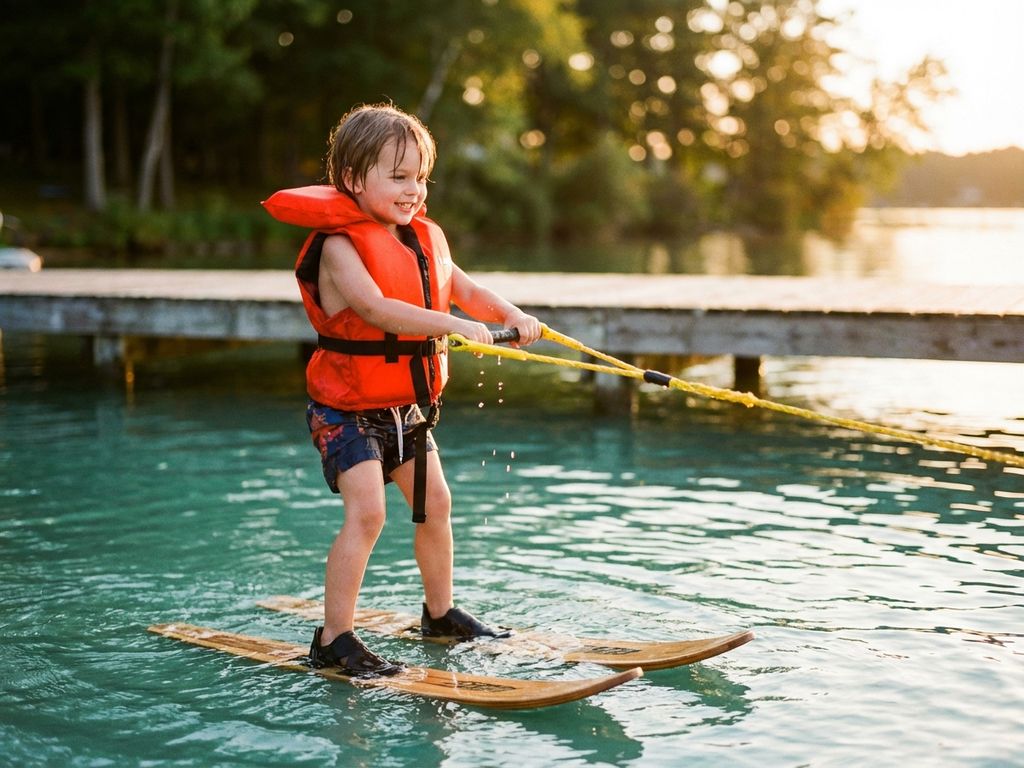 Jong kind met oranje zwemvest staat op waterski's aan de rand van een turquoise meer, grijpt sleeptouw vast
