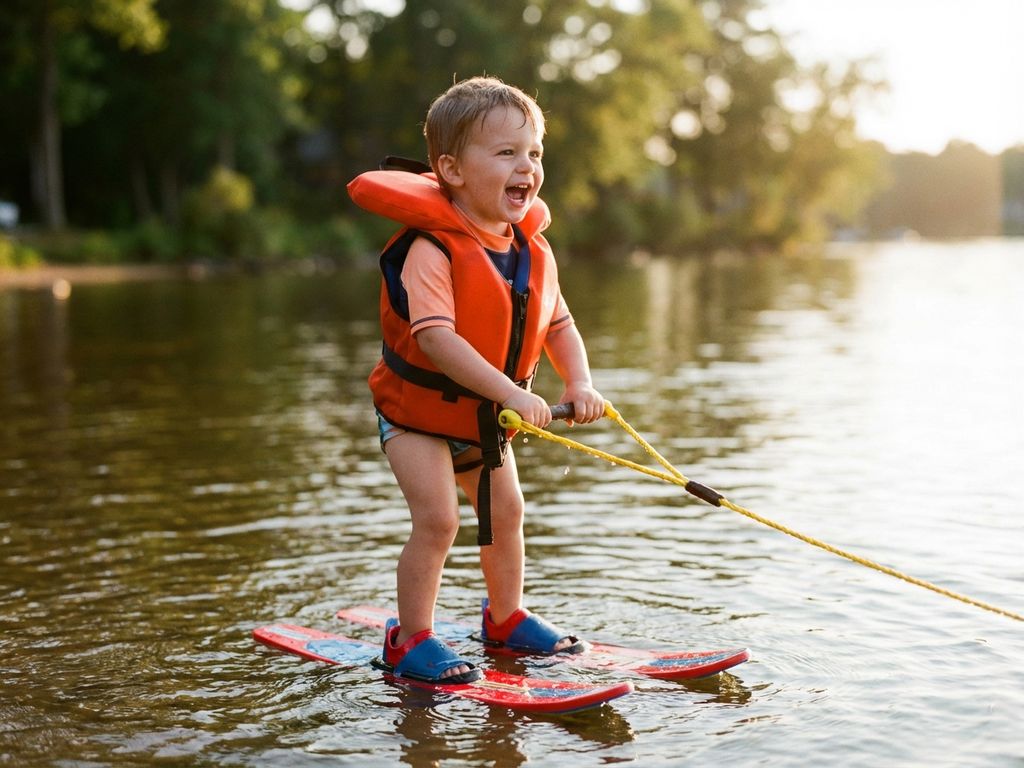 Jong kind met oranje zwemvest en kleine waterski's houdt sleeptouw vast in zonverlicht ondiep meerwater