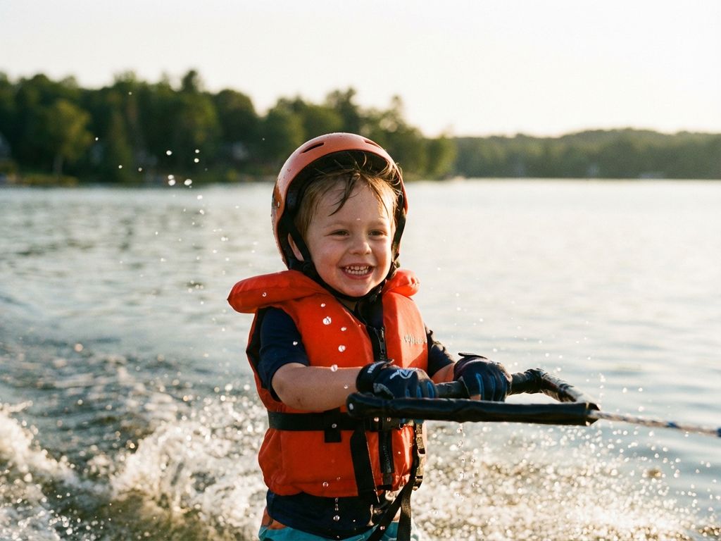Jong kind met oranje zwemvest waterskiënd op kalm meer, vastberaden greep op touw, gouden zonlicht, waterdruppels