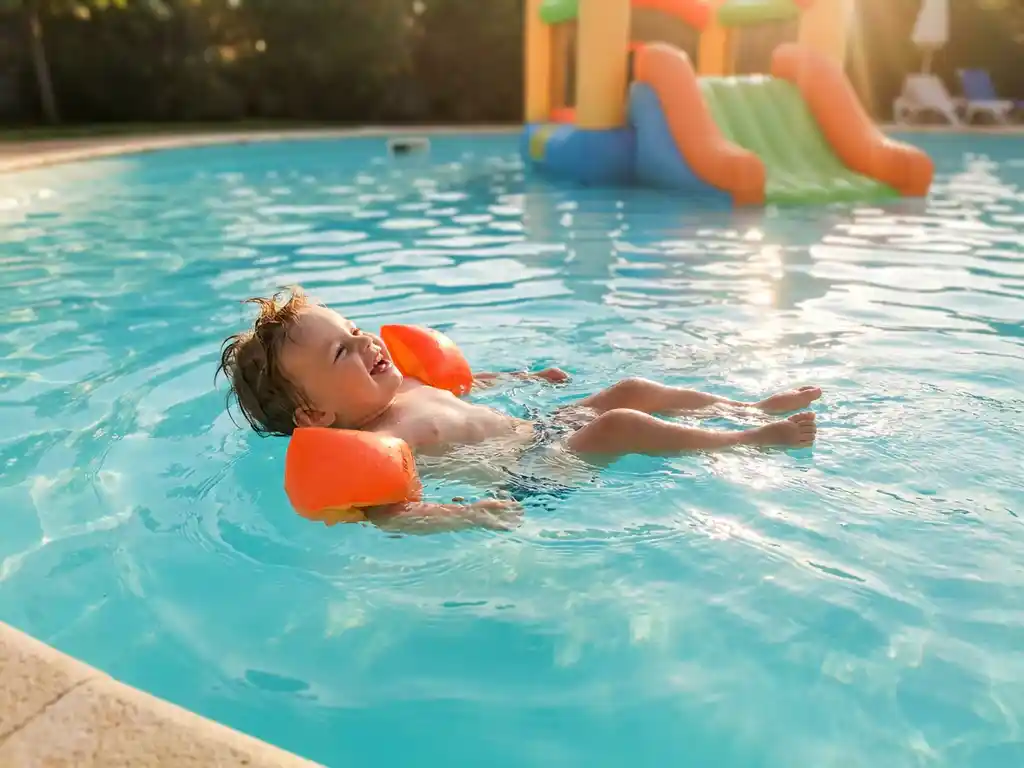 Jong kind met oranje zwembandjes drijft vrolijk in ondiep turquoise zwembad, zonlicht weerkaatst op wateroppervlak