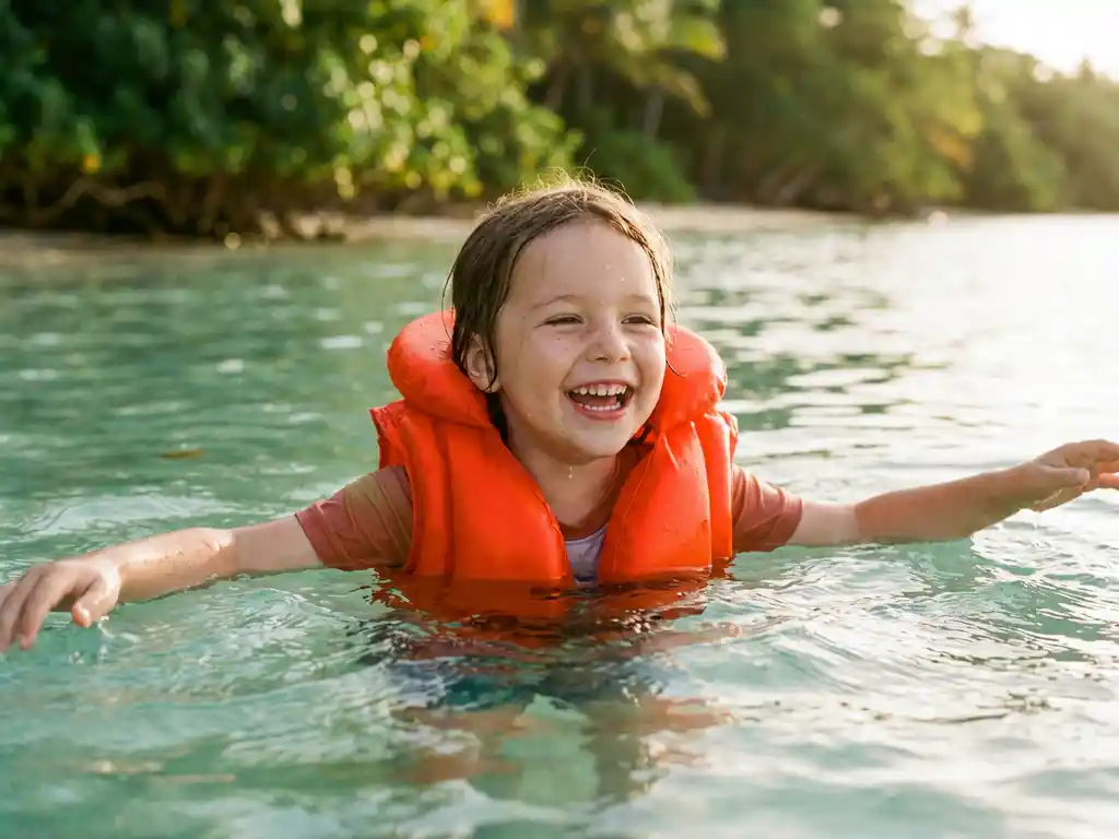 Kind met oranje zwemvest drijft met gespreide armen in helderturquoise water, stralende glimlach in warm middaglicht