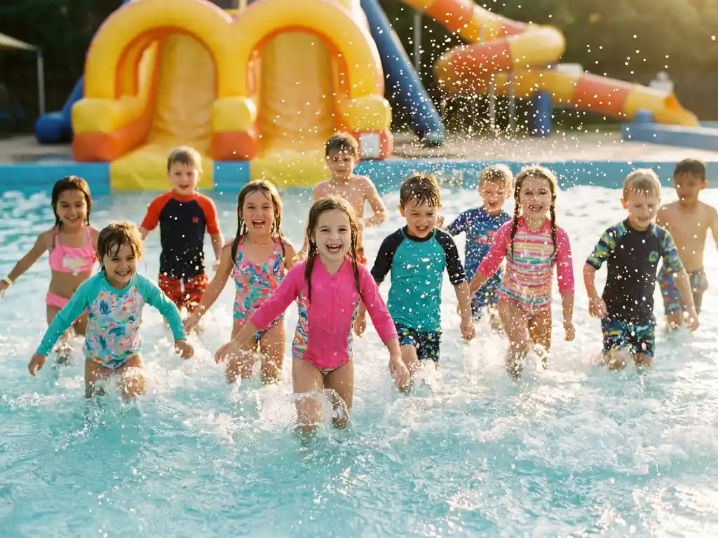 Kinderen in kleurrijke zwemkleding spetteren door een golfzwembad met opblaasbare speeltoestellen op de achtergrond in warm middaglicht