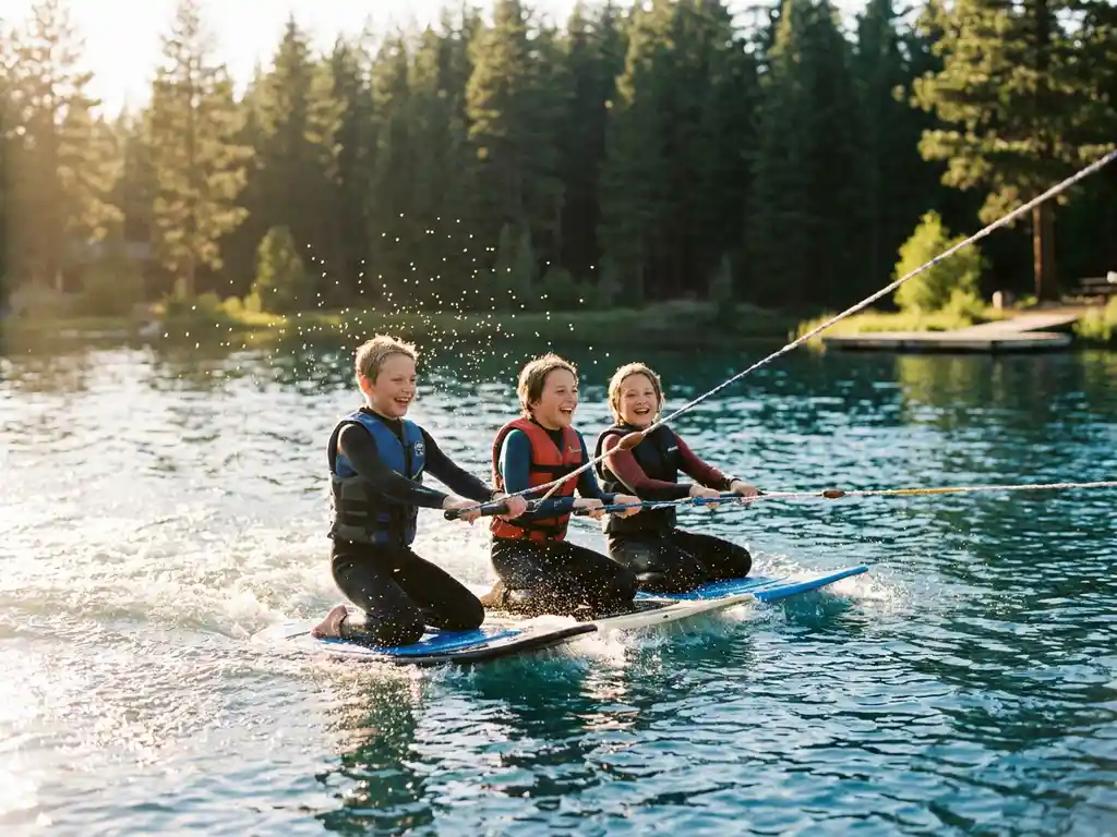 Kinderen kneeboarden op een helderblauw meer, grijpen de kabelbaan vast terwijl waterdruppels glinsteren in het gouden namiddaglicht, dennenbos weerspiegelt in het water.