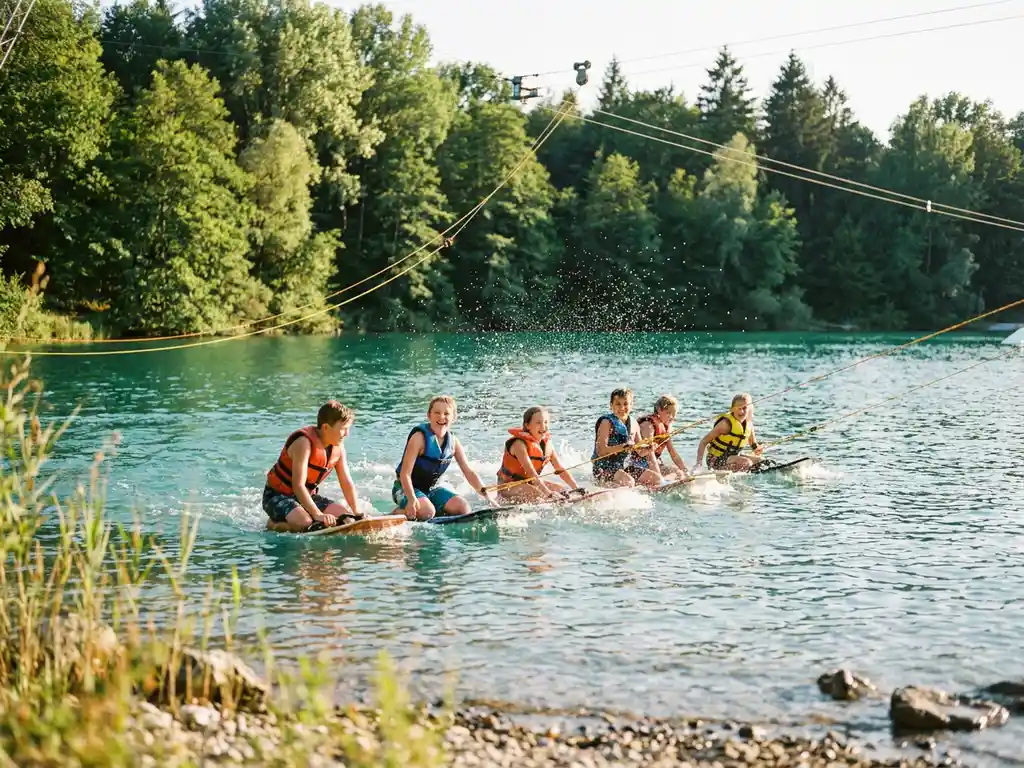 Kinderen in kleurrijke zwemvesten kneeboarden over helderturquoise water bij een kabelbaan, omringd door weelderig groen bos in gouden namiddaglicht.