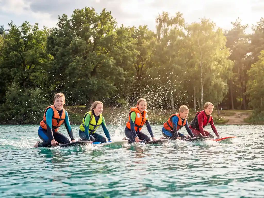 Schoolkinderen in kleurrijke wetsuits kneeboarden over een fonkelend meer, omringd door groen Nederlands bos in gouden namiddaglicht.