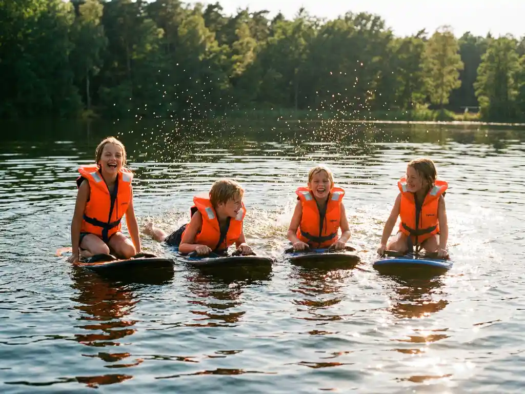 Kinderen in oranje zwemvesten kneeboarden over een zonnig meer, gouden licht schittert op waterdruppels, groen bos weerspiegelt in het water.