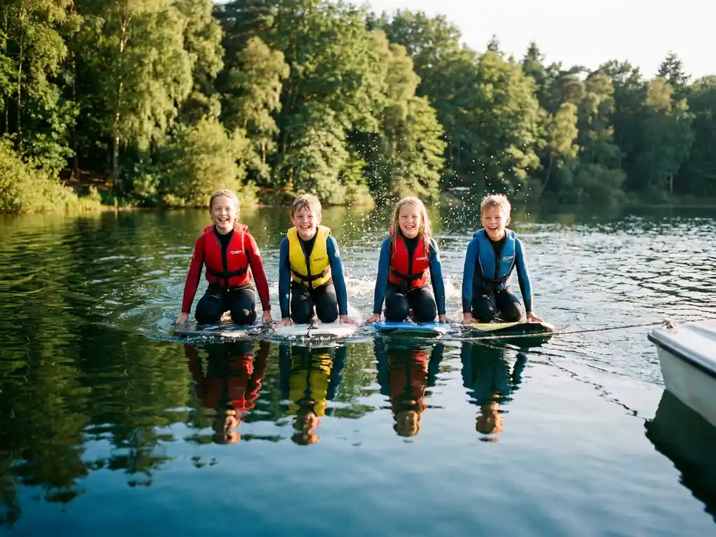 Kinderen met kleurrijke zwemvesten kneeboarden op een kalm meer omringd door groen bos op een zonnige zomerdag