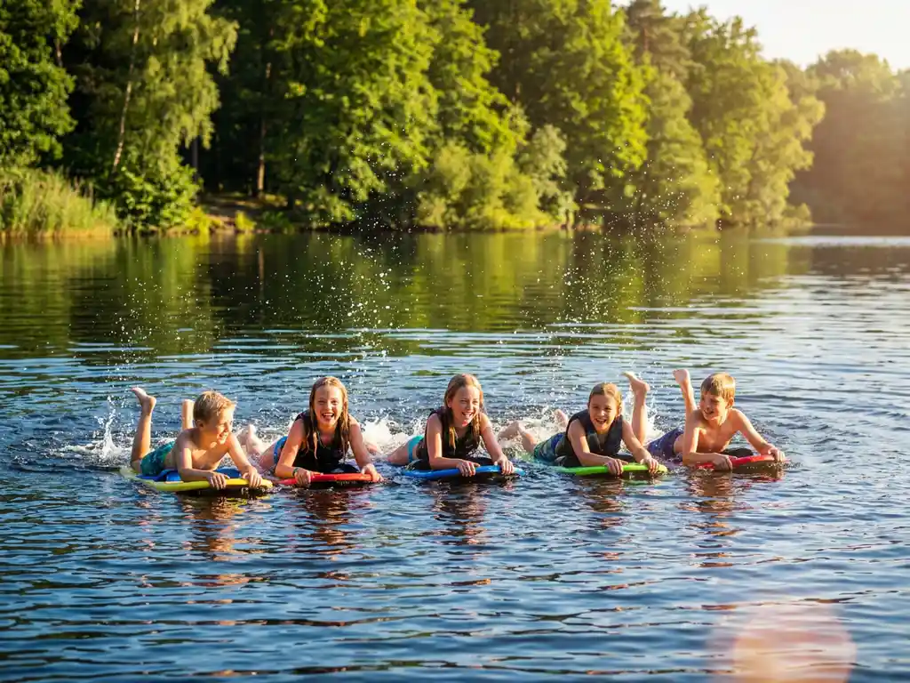 Kinderen op kneeboards glijden over een zonnig meer met gouden licht op de waterspatten en Nederlands bos op de achtergrond